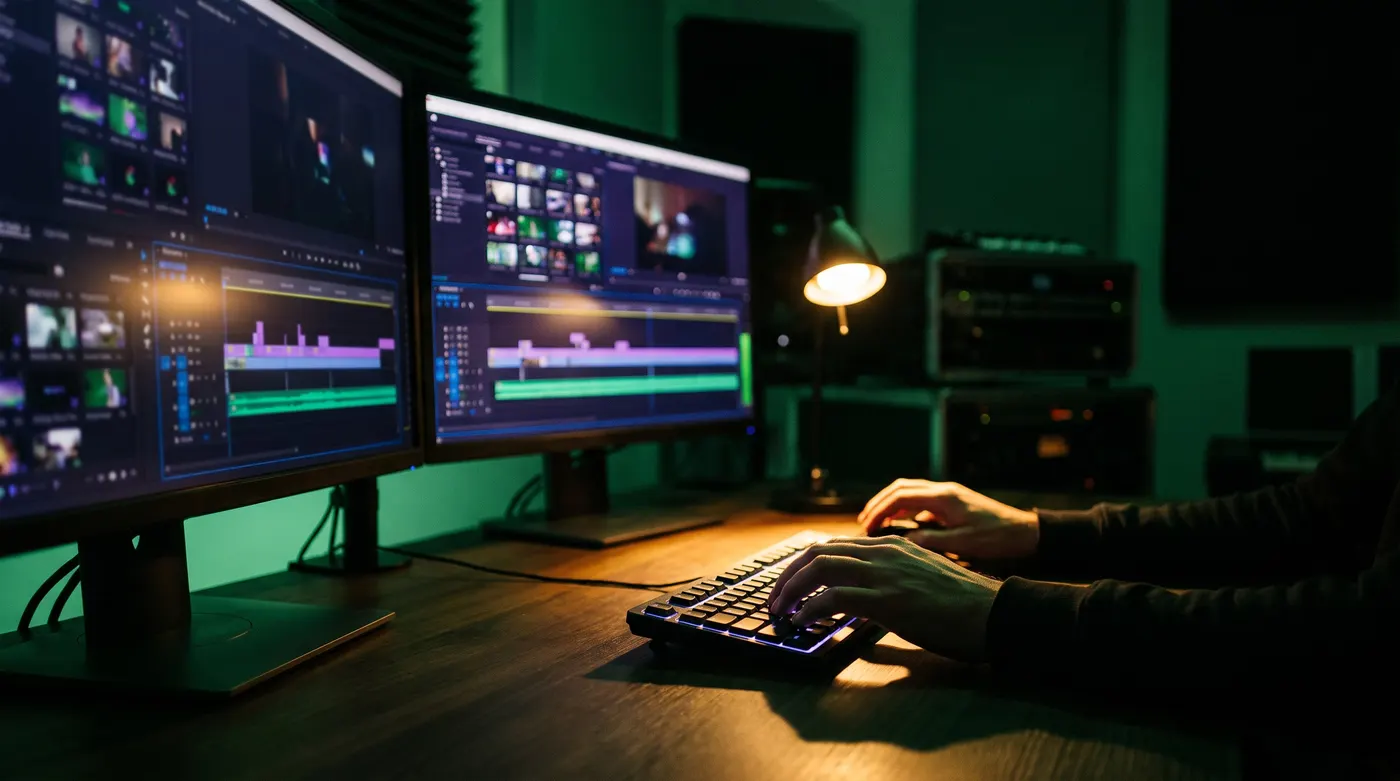 Editor de vídeo trabalhando em uma linha do tempo em dois monitores